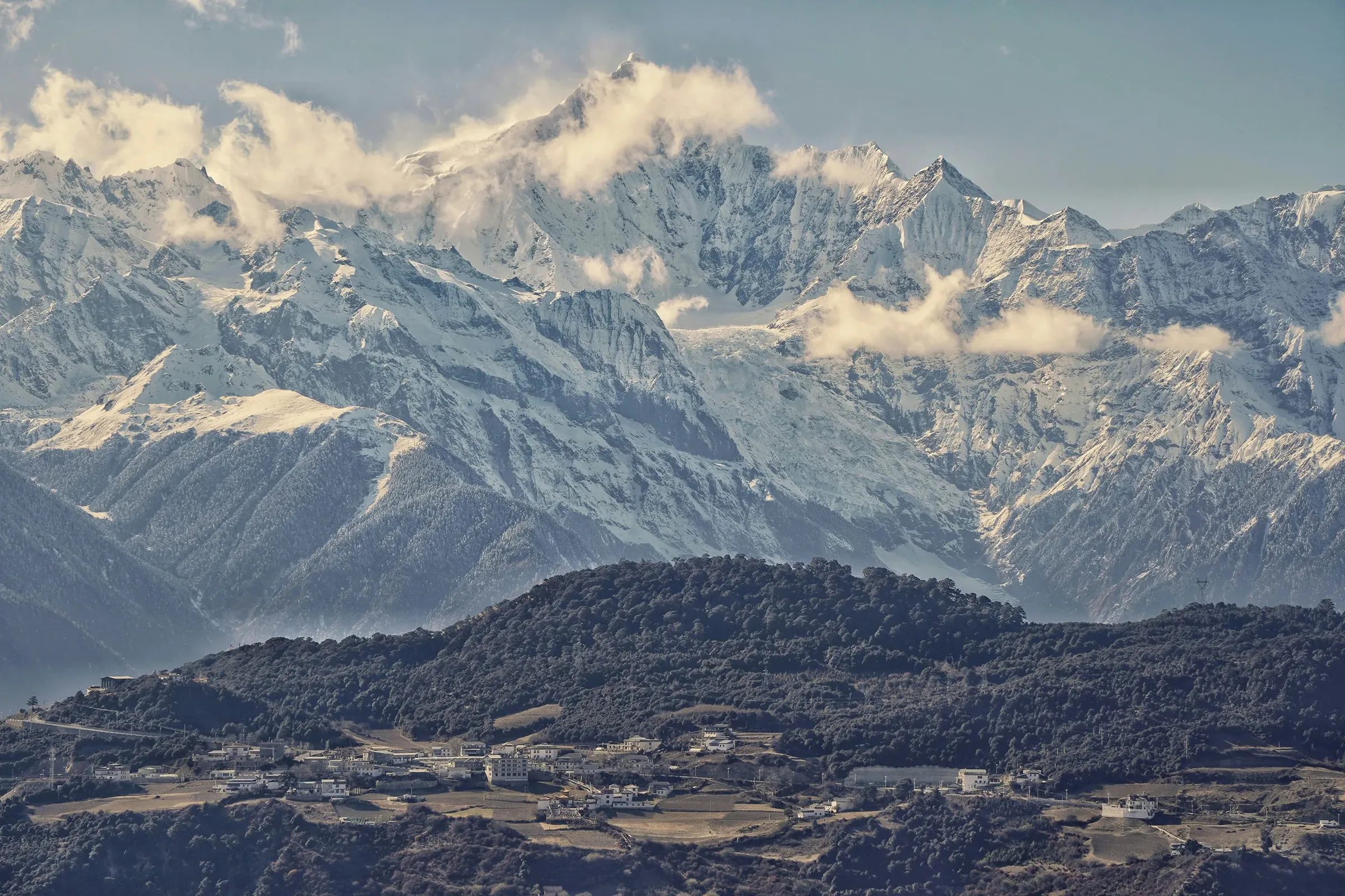 Yunnan landscape, terraced fields and distant peaks