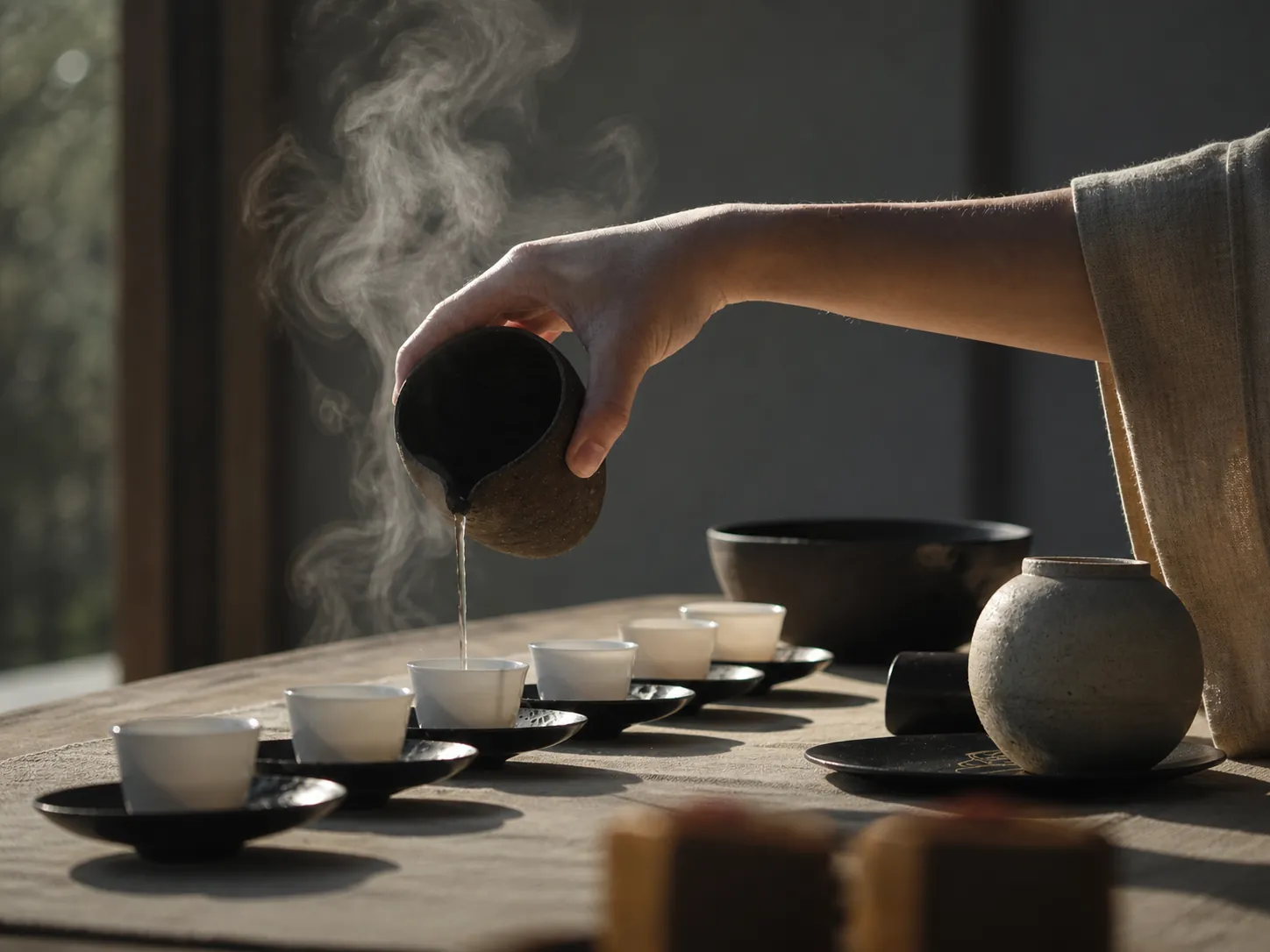 Steam rising over a row of cups during a Yunnan tea ritual, evoking the brand's roots in place and craft